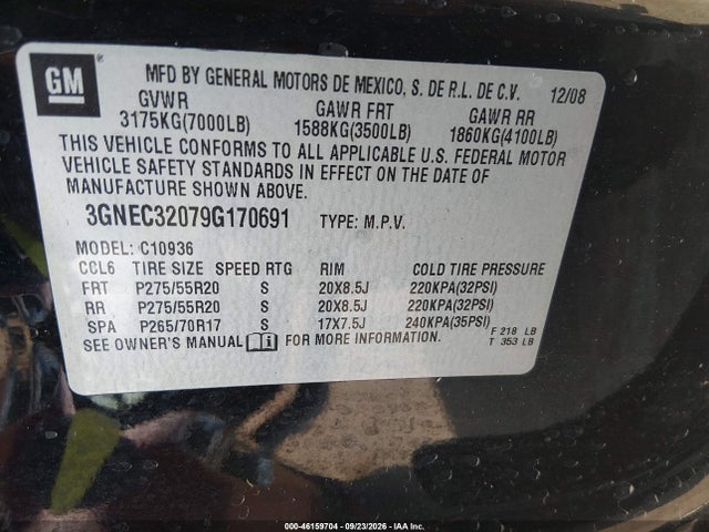 Aukcja sprzedaży 2009 Chevrolet Avalanche 1500 Ltz, vin: 3GNEC32079G170691, numer aukcji: 46159704