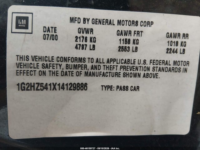 Aukcja sprzedaży 2001 Pontiac Bonneville Ssei, vin: 1G2HZ541X14129886, numer aukcji: 46159727