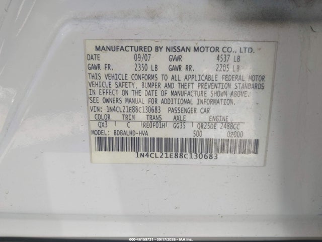 Aukcja sprzedaży 2008 Nissan Altima Hybrid, vin: 1N4CL21E88C130683, numer aukcji: 46159731