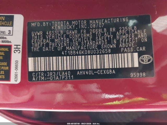 Продажа на аукционе авто 2008 Toyota Camry Hybrid, vin: 4T1BB46K08U032658, номер лота: 46159749