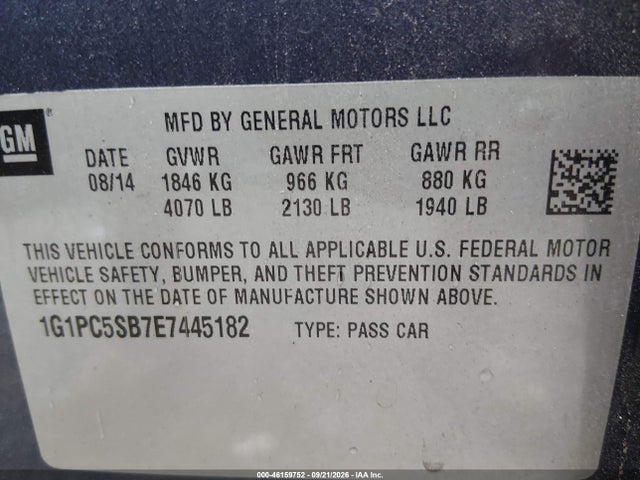 46159752 :رقم المزاد ، 1G1PC5SB7E7445182 vin ، 2014 Chevrolet Cruze 1lt Auto مزاد بيع