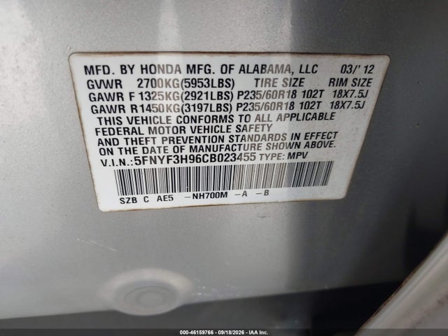 Aukcja sprzedaży 2012 Honda Pilot Touring, vin: 5FNYF3H96CB023455, numer aukcji: 46159766