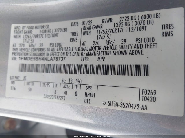 2022 Ford Bronco Black Diamond მანქანა იყიდება აუქციონზე, vin: 1FMDE5BH4NLA78737, აუქციონის ნომერი: 46159768