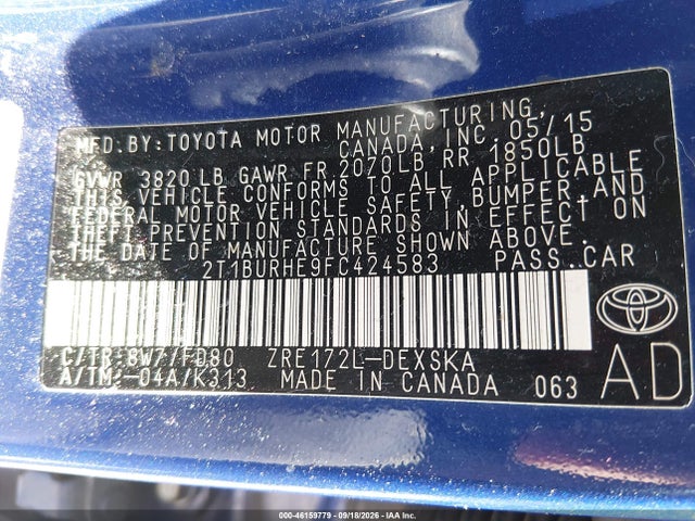 46159779 :رقم المزاد ، 2T1BURHE9FC424583 vin ، 2015 Toyota Corolla S Plus مزاد بيع