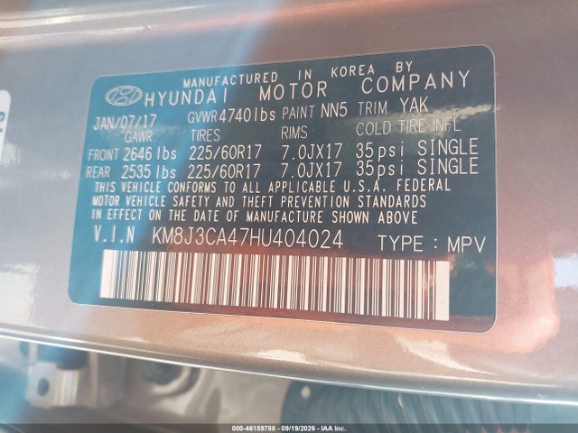 46159788 :رقم المزاد ، KM8J3CA47HU404024 vin ، 2017 Hyundai Tucson Se Plus مزاد بيع