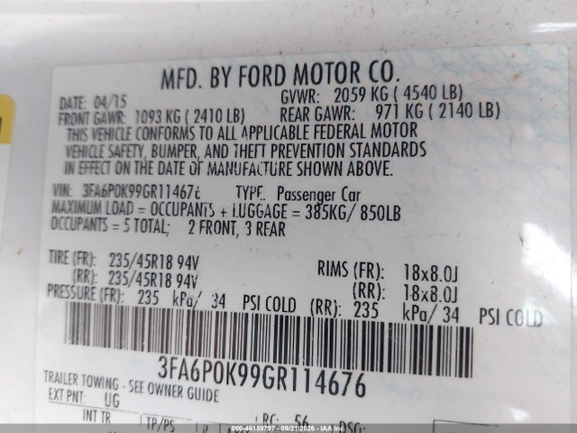 Продаж на аукціоні авто 2016 Ford Fusion Titanium, vin: 3FA6P0K99GR114676, номер лоту: 46159797