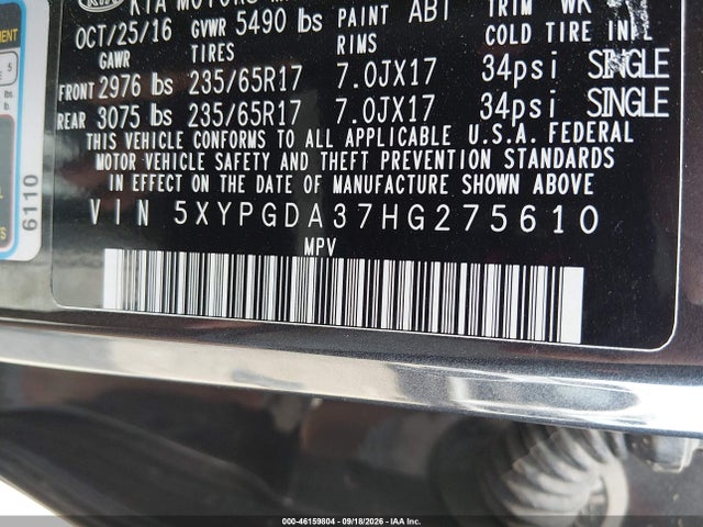 46159804 :رقم المزاد ، 5XYPGDA37HG275610 vin ، 2017 Kia Sorento 2.4l Lx مزاد بيع