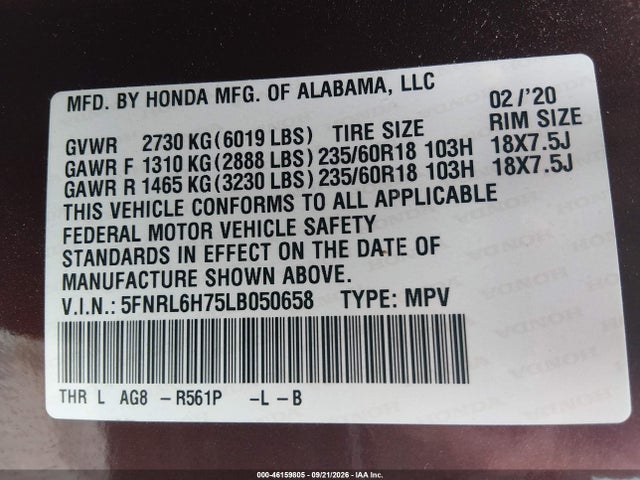 46159805 :رقم المزاد ، 5FNRL6H75LB050658 vin ، 2020 Honda Odyssey Ex-l/ex-l W/navi   Res مزاد بيع