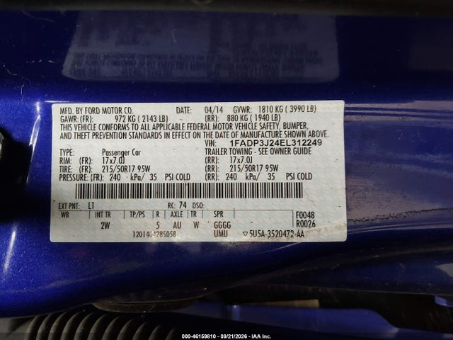 Продаж на аукціоні авто 2014 Ford Focus Titanium, vin: 1FADP3J24EL312249, номер лоту: 46159810