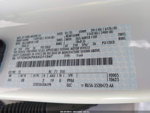 Aukcja sprzedaży 2025 Ford F-150 Stx, vin: 1FTEW2KP8SKD11547, numer aukcji: 46159819