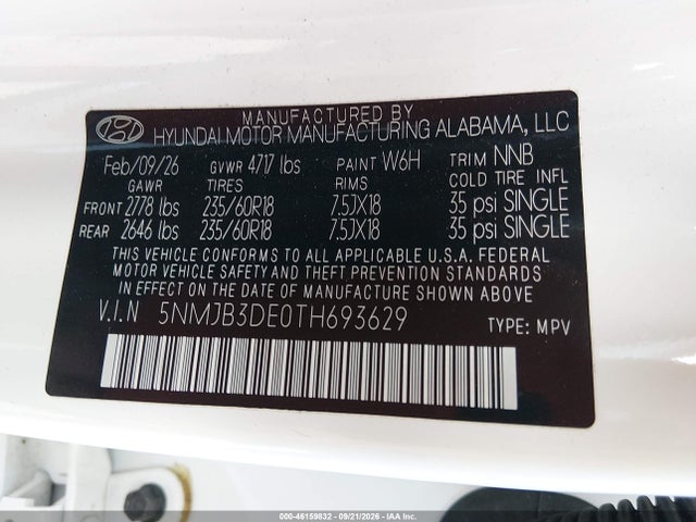 Aukcja sprzedaży 2026 Hyundai Tucson Sel, vin: 5NMJB3DE0TH693629, numer aukcji: 46159832