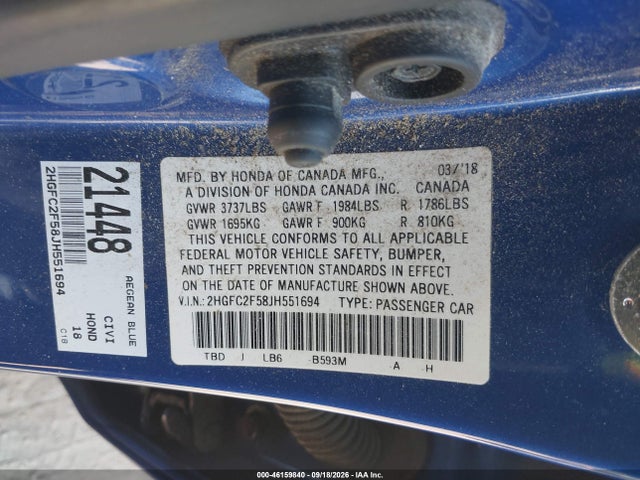 Honda Civic Lx 2018 2HGFC2F58JH551694 Image 9