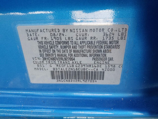 Продажа на аукционе авто 2024 Nissan Versa 1.6 S, vin: 3N1CN8DV2RL927054, номер лота: 46159841