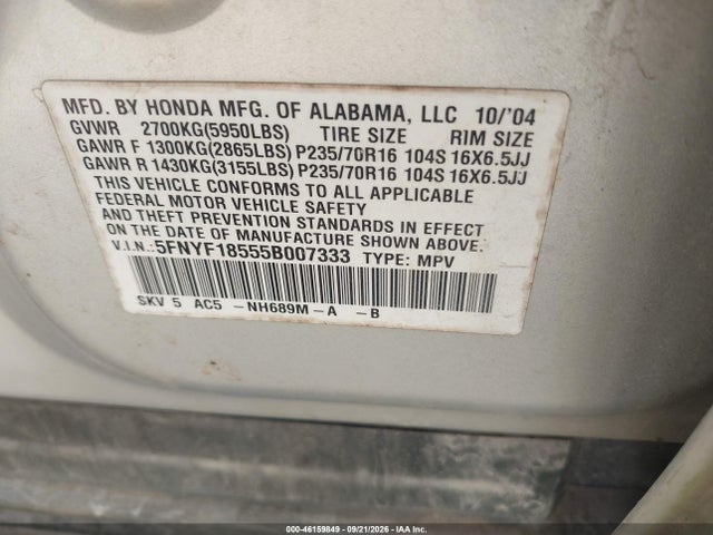 Продажа на аукционе авто 2005 Honda Pilot Ex-l, vin: 5FNYF18555B007333, номер лота: 46159849