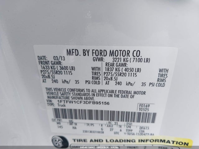 Продаж на аукціоні авто 2013 Ford F-150 Lariat, vin: 1FTFW1CF3DFB95156, номер лоту: 46159862
