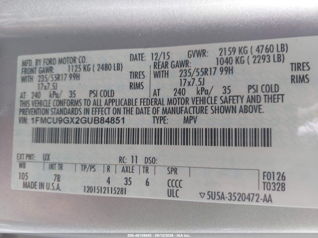 46159865 :رقم المزاد ، 1FMCU9GX2GUB84851 vin ، 2016 Ford Escape Se مزاد بيع