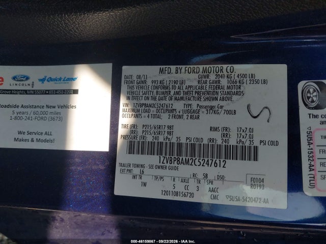 Продажа на аукционе авто 2012 Ford Mustang V6, vin: 1ZVBP8AM2C5247612, номер лота: 46159867