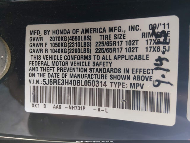 46159875 :رقم المزاد ، 5J6RE3H40BL050314 vin ، 2011 Honda Cr-v Se مزاد بيع