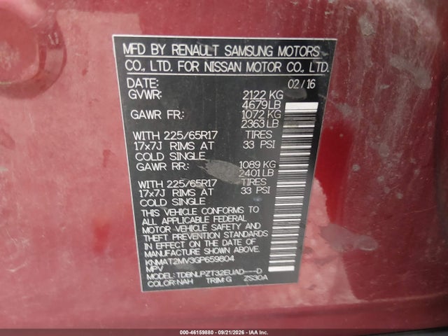 46159880 :رقم المزاد ، KNMAT2MV3GP659804 vin ، 2016 Nissan Rogue S مزاد بيع