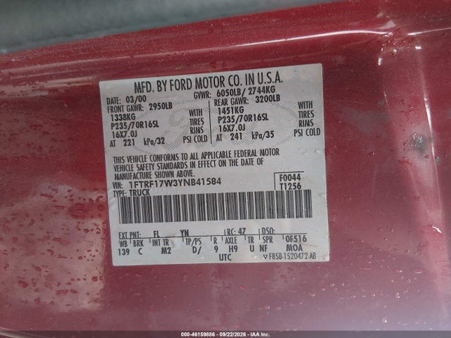 Продажа на аукционе авто 2000 Ford F-150 Work Series/xl/xlt, vin: 1FTRF17W3YNB41584, номер лота: 46159886