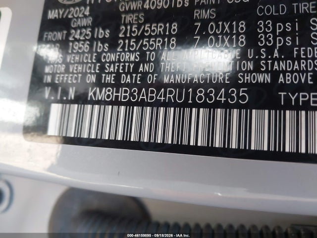 46159895 :رقم المزاد ، KM8HB3AB4RU183435 vin ، 2024 Hyundai Kona Sel مزاد بيع