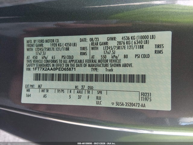 2023 Ford F-250 Xl მანქანა იყიდება აუქციონზე, vin: 1FT7X2AA0PED65871, აუქციონის ნომერი: 46159898