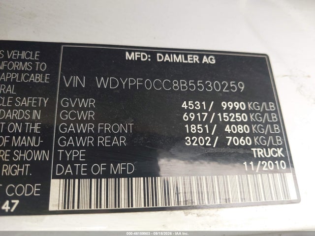 Продажа на аукционе авто 2011 Freightliner Sprinter 3500, vin: WDYPF0CC8B5530259, номер лота: 46159903