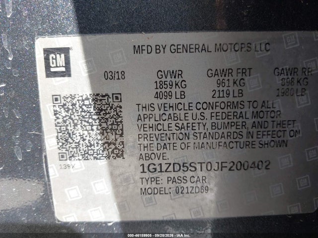 Aukcja sprzedaży 2018 Chevrolet Malibu Lt, vin: 1G1ZD5ST0JF200402, numer aukcji: 46159905
