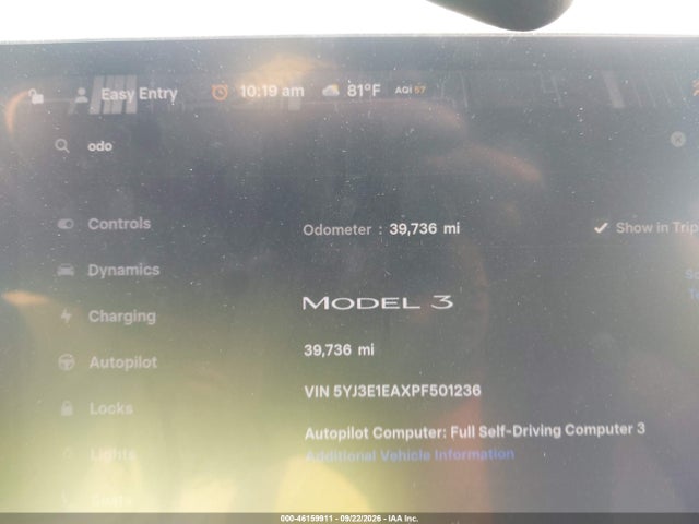 46159911 :رقم المزاد ، 5YJ3E1EAXPF501236 vin ، 2023 Tesla Model 3 Rear-wheel Drive مزاد بيع