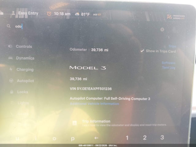 46159911 :رقم المزاد ، 5YJ3E1EAXPF501236 vin ، 2023 Tesla Model 3 Rear-wheel Drive مزاد بيع