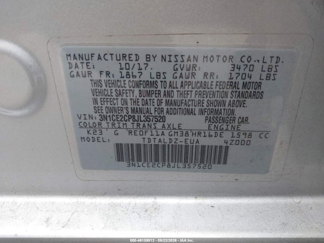 46159913 :رقم المزاد ، 3N1CE2CP8JL357520 vin ، 2018 Nissan Versa Note Sv مزاد بيع