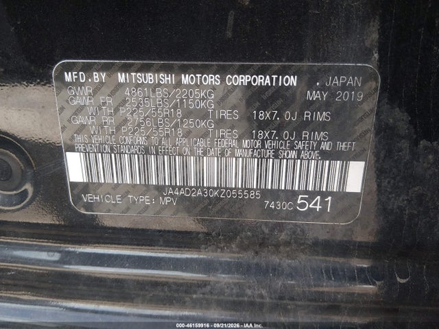 2019 Mitsubishi Outlander Es მანქანა იყიდება აუქციონზე, vin: JA4AD2A30KZ055585, აუქციონის ნომერი: 46159916