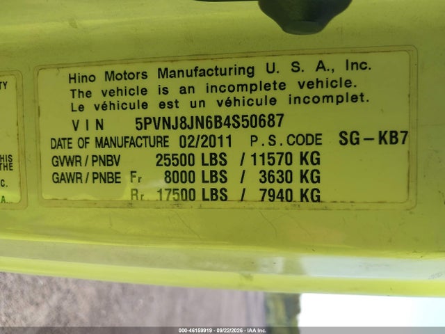 2011 Hino 258/268 მანქანა იყიდება აუქციონზე, vin: 5PVNJ8JN6B4S50687, აუქციონის ნომერი: 46159919