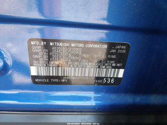 46159929 :رقم المزاد ، JA4ATWAA0TZ026727 vin ، 2026 Mitsubishi Eclipse Cross Black Edition S-awc/se S-awc/sel S-awc مزاد بيع