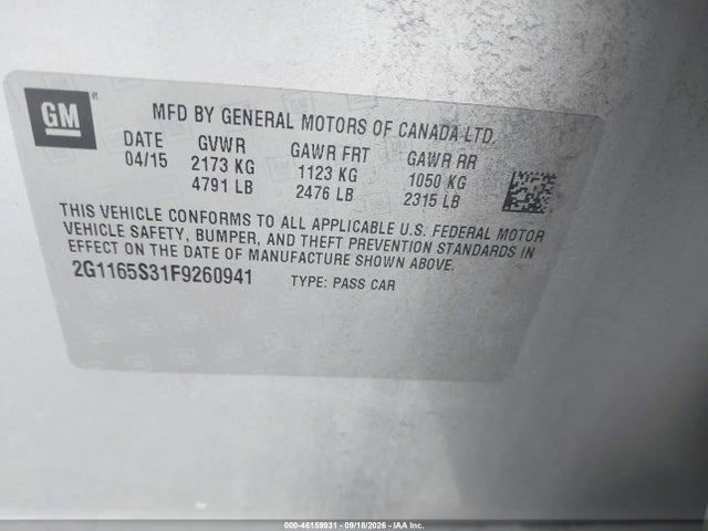 Chevrolet IMPALA 2LZ 2015 2G1165S31F9260941 Image 9
