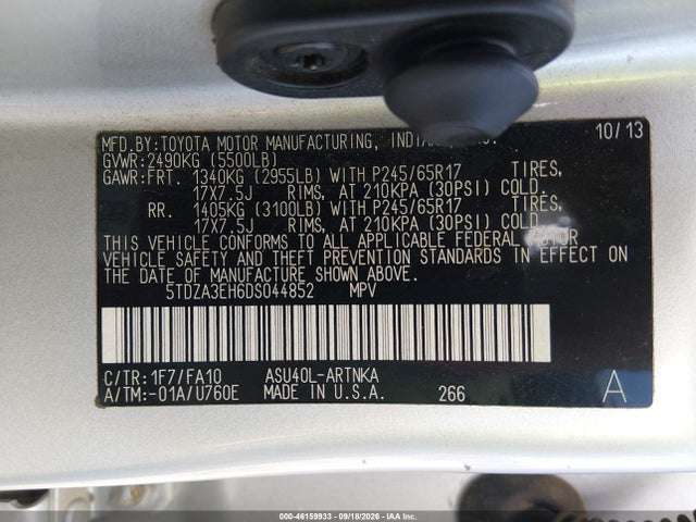 Aukcja sprzedaży 2013 Toyota Highlander Base Plus, vin: 5TDZA3EH6DS044852, numer aukcji: 46159933