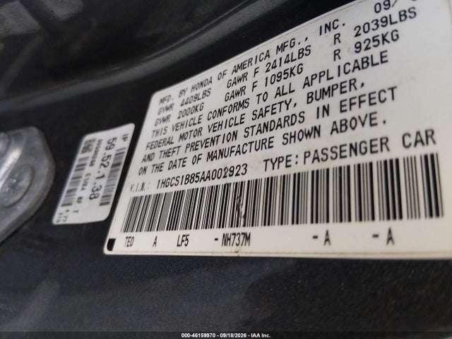 Aukcja sprzedaży 2010 Honda Accord 2.4 Ex-l, vin: 1HGCS1B85AA002923, numer aukcji: 46159970