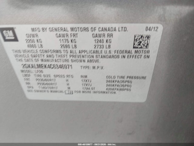 Продаж на аукціоні авто 2012 Gmc Terrain Sle-1, vin: 2GKALMEK4C6346971, номер лоту: 46159977