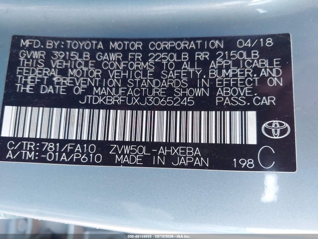 Aukcja sprzedaży 2018 Toyota Prius Two, vin: JTDKBRFUXJ3065245, numer aukcji: 46159989