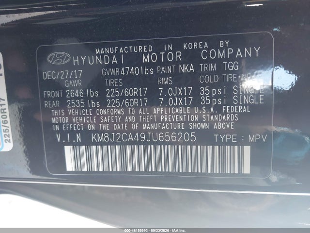 46159993 :رقم المزاد ، KM8J2CA49JU656205 vin ، 2018 Hyundai Tucson Se مزاد بيع