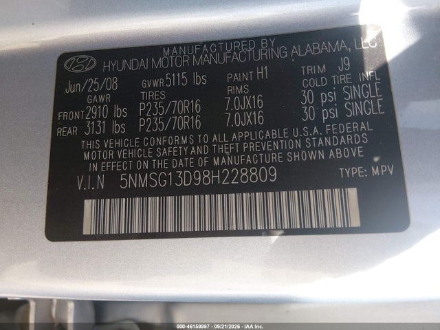 Aukcja sprzedaży 2008 Hyundai Santa Fe Gls, vin: 5NMSG13D98H228809, numer aukcji: 46159997