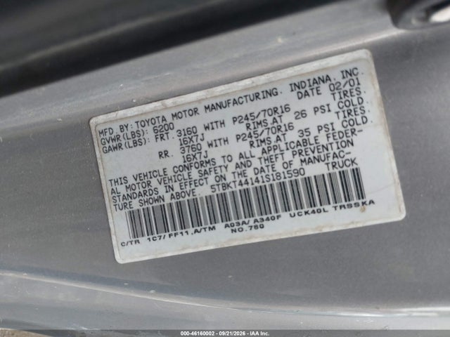 46160002 :رقم المزاد ، 5TBKT44141S181590 vin ، 2001 Toyota Tundra Sr5 V8 مزاد بيع