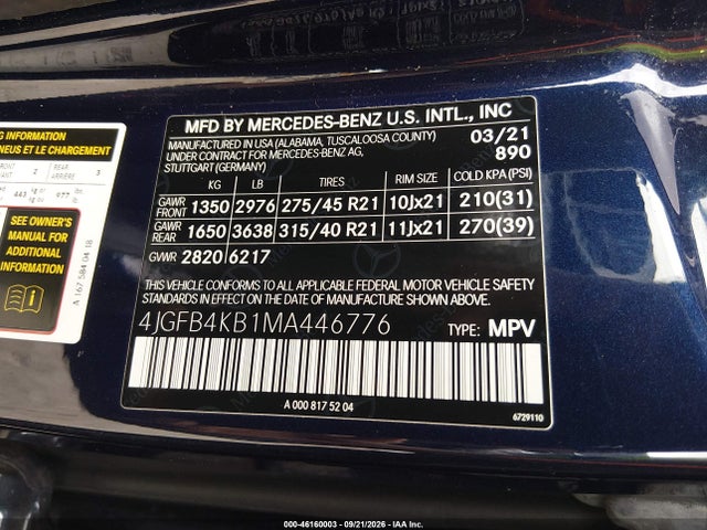 Продаж на аукціоні авто 2021 Mercedes-benz Gle Gle 350, vin: 4JGFB4KB1MA446776, номер лоту: 46160003