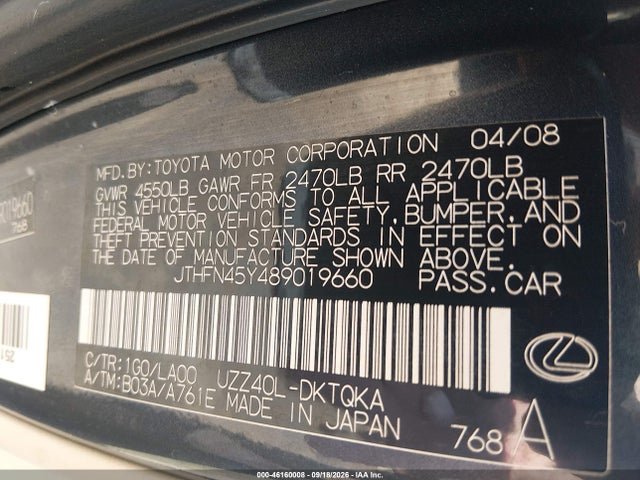 Продажа на аукционе авто 2008 Lexus Sc 430, vin: JTHFN45Y489019660, номер лота: 46160008