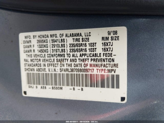 Aukcja sprzedaży 2009 Honda Odyssey Ex-l, vin: 5FNRL38709B009717, numer aukcji: 46160011