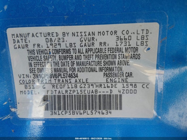 Auction sale of the 2023 Nissan Kicks S Xtronic Cvt, vin: 3N1CP5BV6PL574634, lot number: 46160013