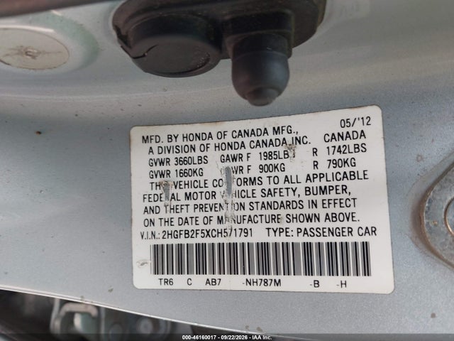 Продажа на аукционе авто 2012 Honda Civic Lx, vin: 2HGFB2F5XCH571791, номер лота: 46160017
