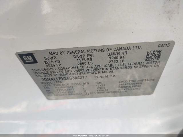 46160036 :رقم المزاد ، 2GNALLEK2F6344217 vin ، 2015 Chevrolet Equinox L مزاد بيع