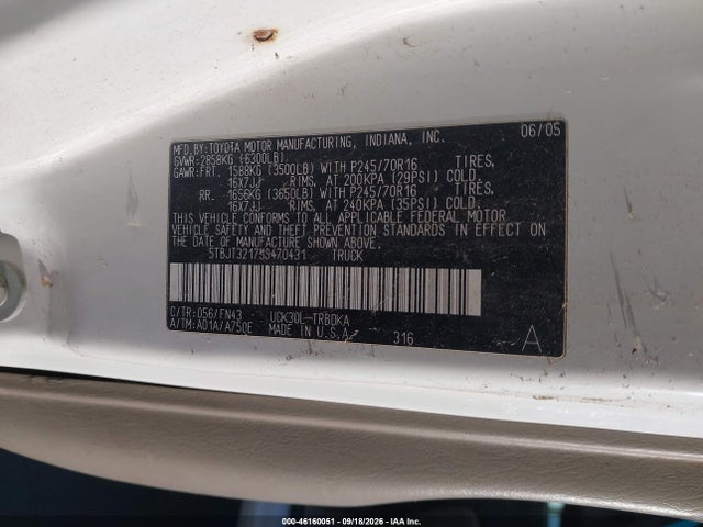 Продажа на аукционе авто 2005 Toyota Tundra Base V8, vin: 5TBJT32175S470431, номер лота: 46160051