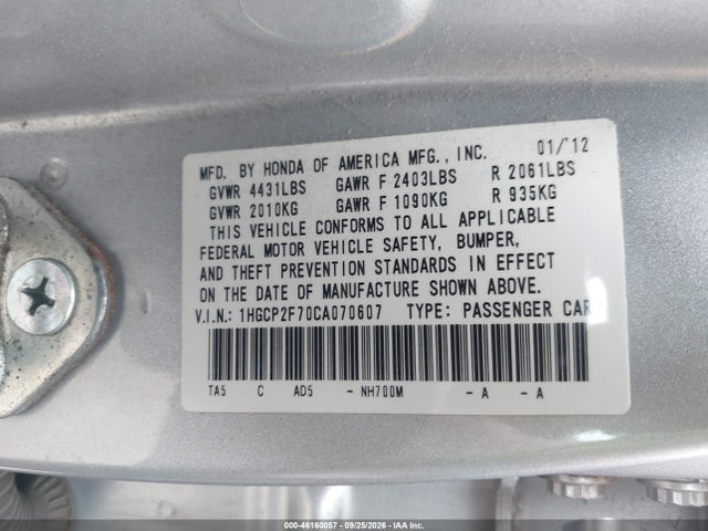 Aukcja sprzedaży 2012 Honda Accord 2.4 Ex, vin: 1HGCP2F70CA070607, numer aukcji: 46160057